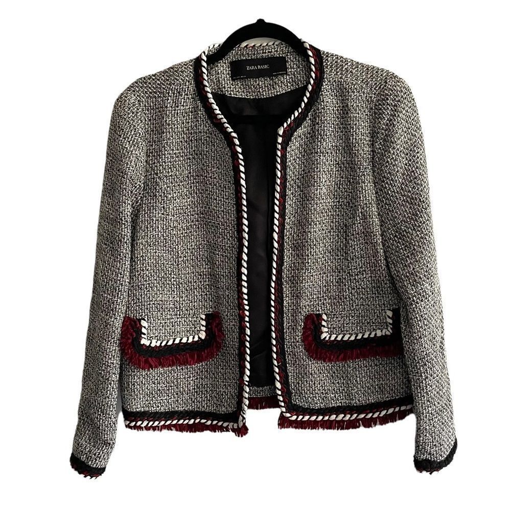 Zara Black & White Tweed Fringe Jacket with Burgundy Trim